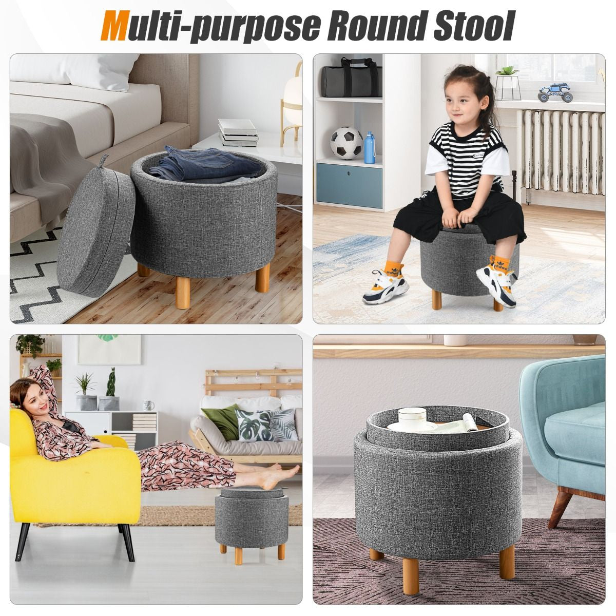 Modern round Padded Storage Ottoman with Hidden Storage Space