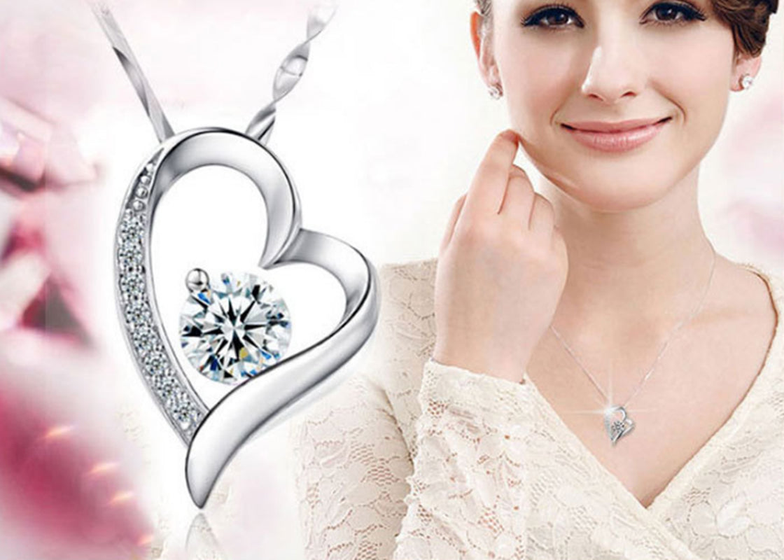 Crystal Heart Pendant 925 Sterling Silver Necklace Chain Women Jewellery Gift UK