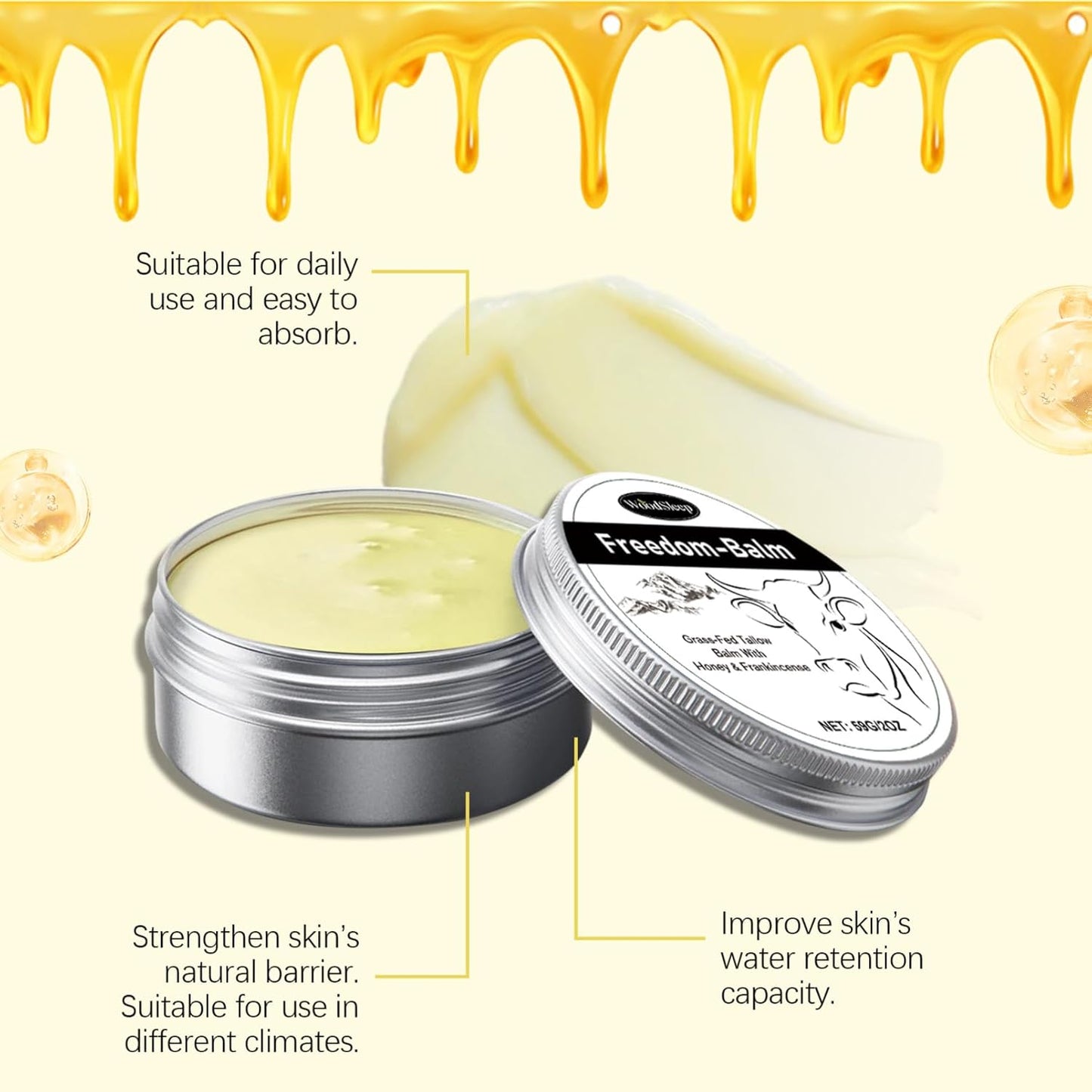 Beef Tallow Honey Balm - Beef Tallow Skin Care Cream - Grass-Fed Tallow Moisturiser with Honey & Frankineense - Skin Barrier Repair Freedom Balm - Deep Nourish,Lasting Moisturizing Dry Skin Care