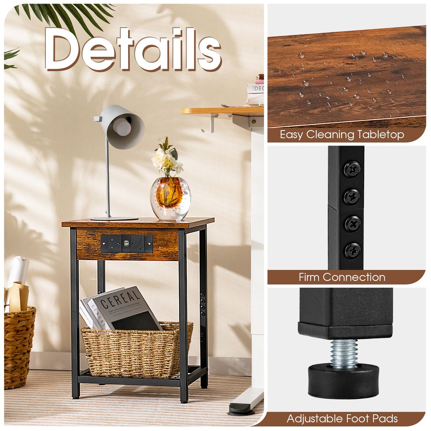 Nightstand Set of 2 with Charging Station and Open Shelf