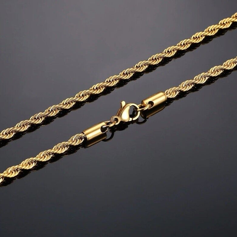 Long Chain Necklace 3MM 18Ct Gold Plated Stainless Steel 30” Inch Twisted Rope