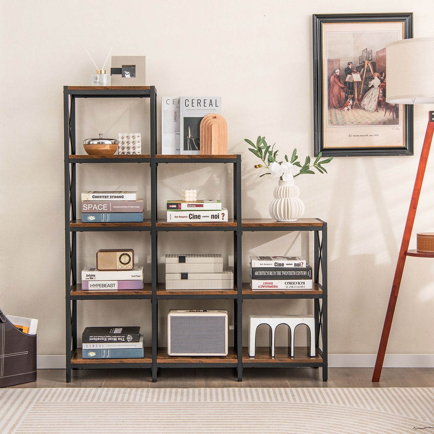 5-Tier Bookshelf 9 Cubes Bookcase with Carbon Steel Frame