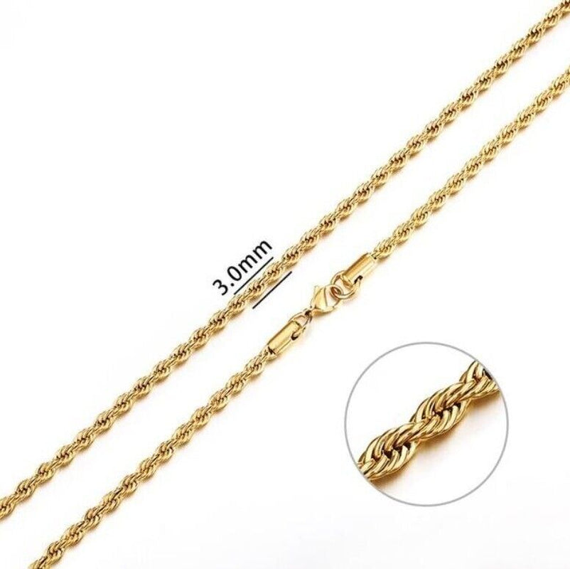 Long Chain Necklace 3MM 18Ct Gold Plated Stainless Steel 30” Inch Twisted Rope