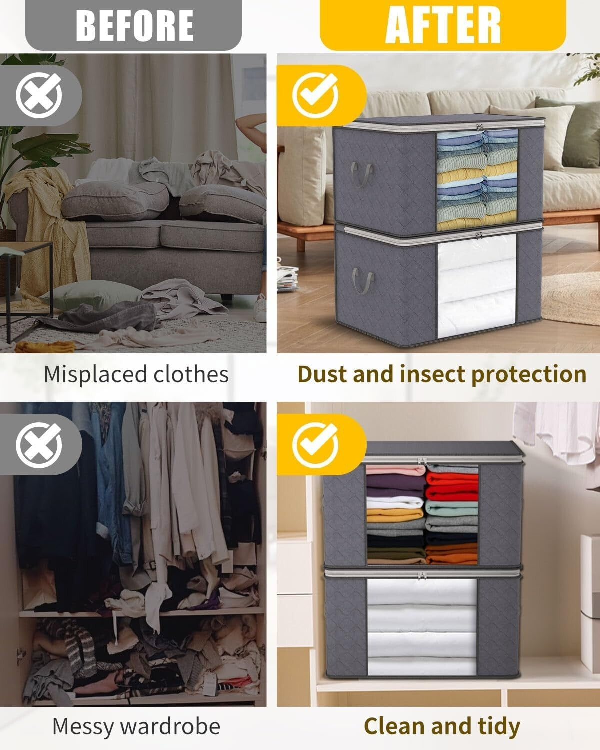 4X Clothes Storage Bags with Zips Bedroom Large Collapsible Storage Box Bedding