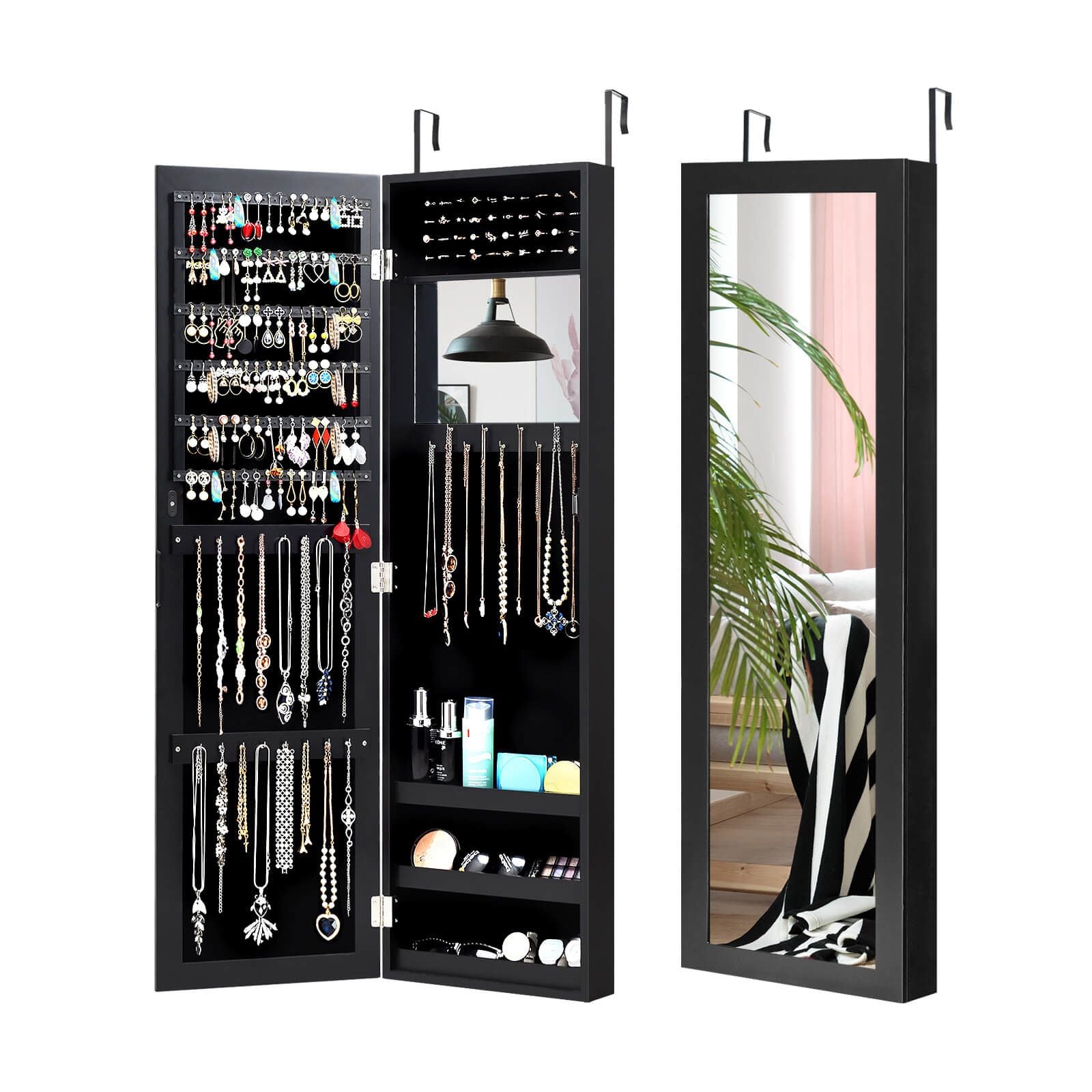 Wall Mounted Jewellery Armoire with Built-In Mirror and 3 Shelves