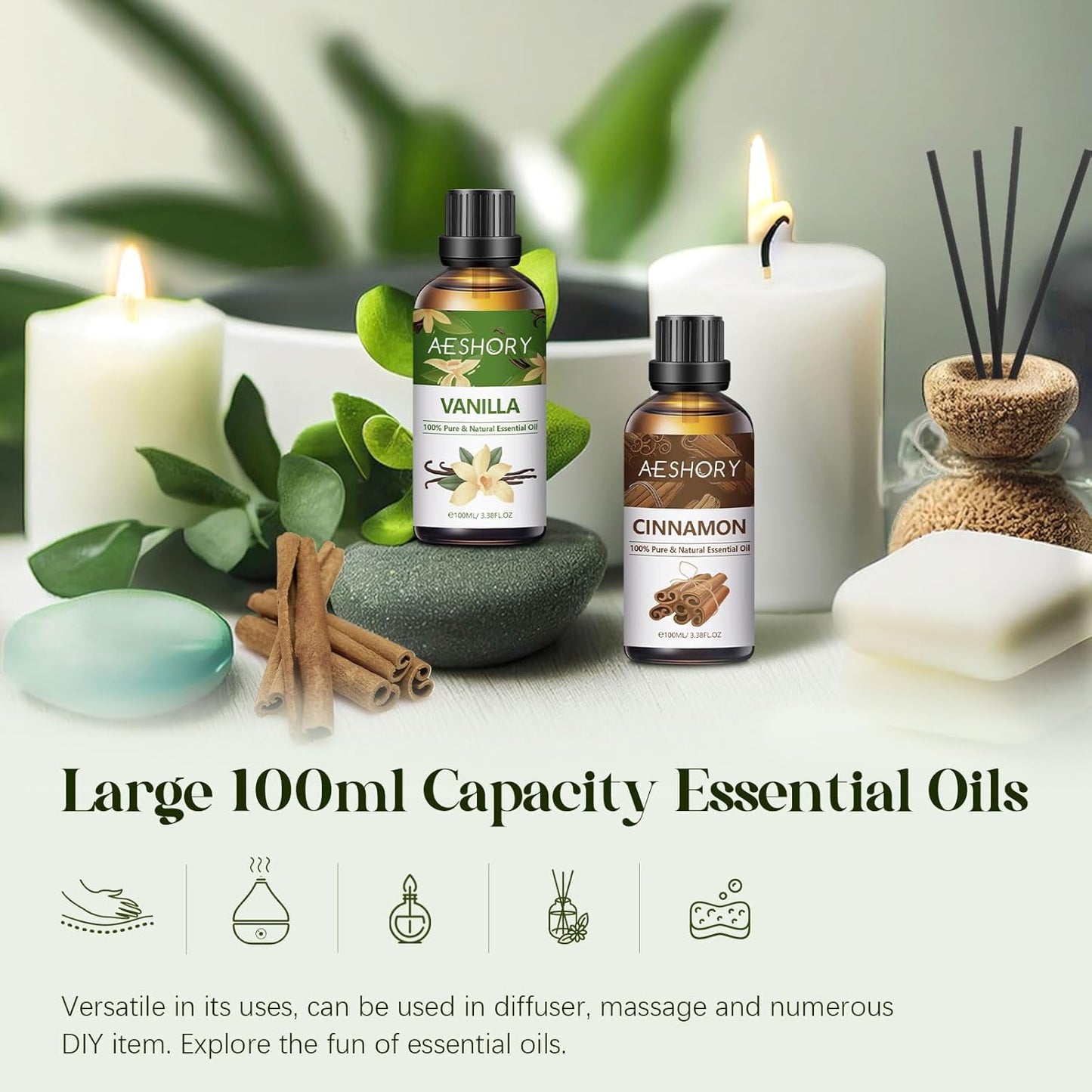 100% Pure Natural Cinnamon Essential Oil 100ml for Aromatherapy, Diffusers, Humidifiers, Home Cleaning, Skin Care, and Breath Freshening