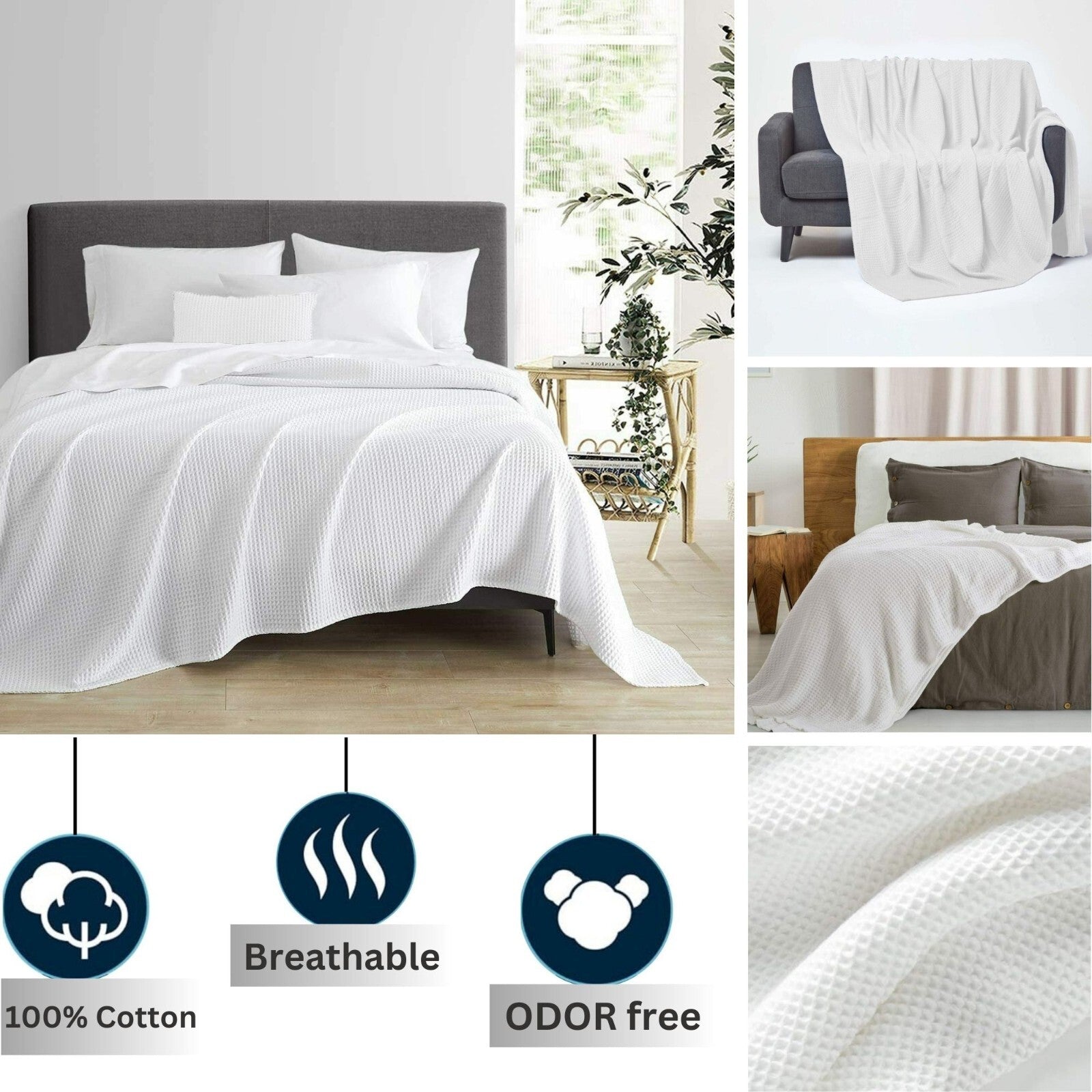 100 PURE COTTON Honeycomb Waffle Throw Snug Warm Sofa Bed Throw Large Pillowcase