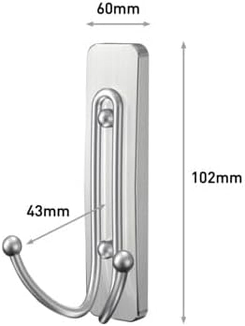 Bathroom Large Double Hook, Pack of 1 Hook and 2 Adhesive Strips, Metal - Damage Free Hanging - Holds up to 1.8 Kg, Satin Nickel