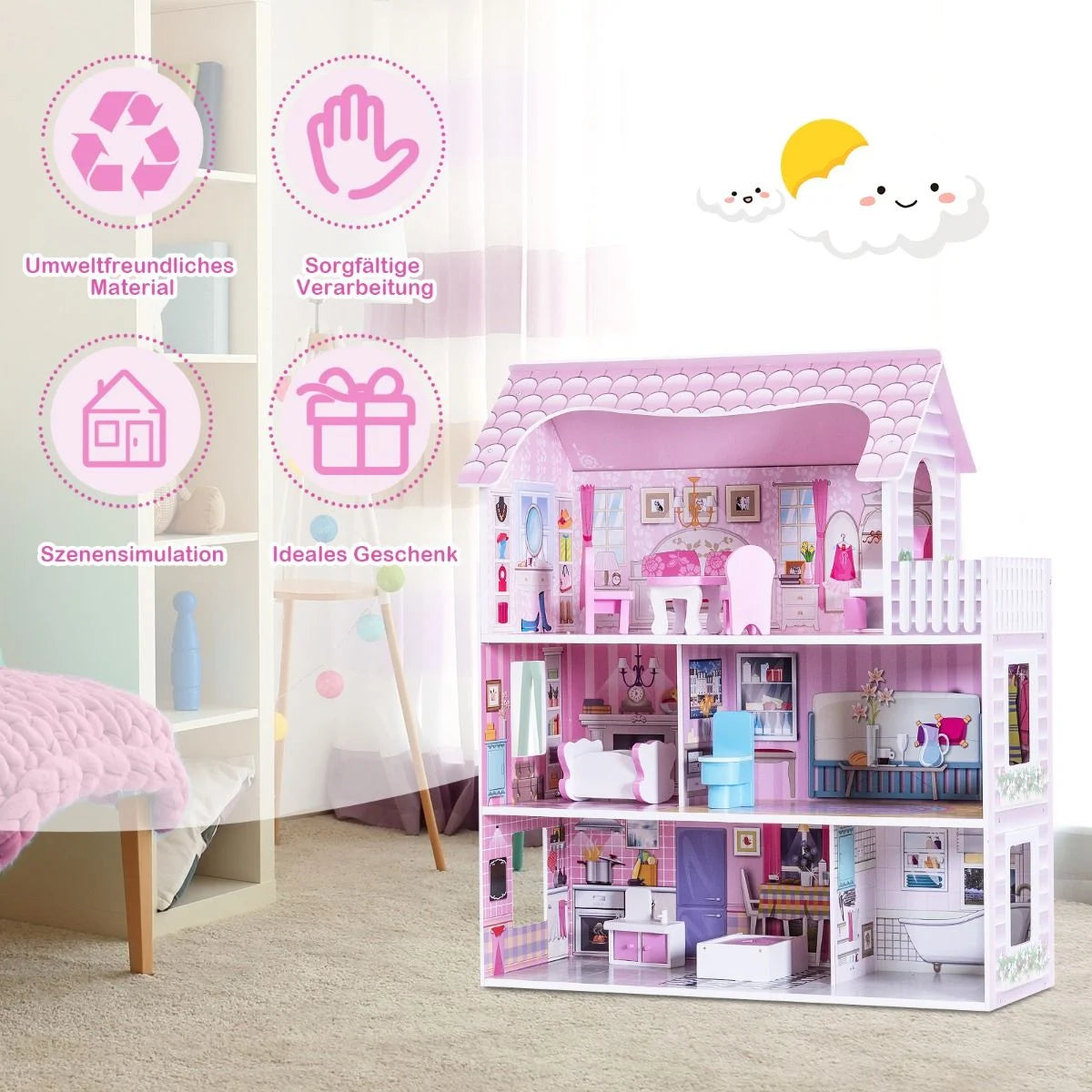 Wooden Dolls House Playset with Furniture and Accessories