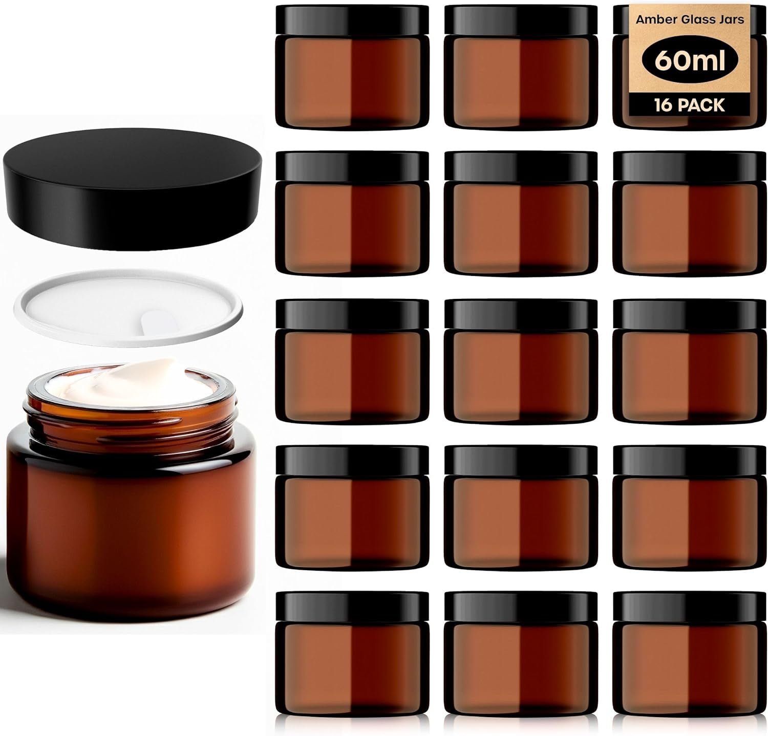 16-Pack Amber Glass Jars (60ml) with Lids - Brown Travel Cosmetic Containers with Spatula - UV Protection for Powders, Lotions, and Creams