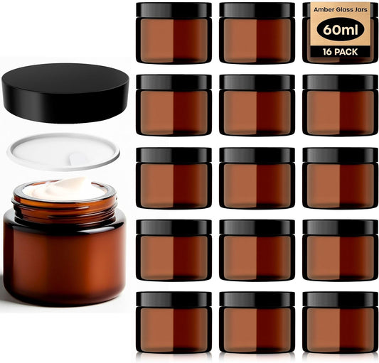 16-Pack Amber Glass Jars (60ml) with Lids - Brown Travel Cosmetic Containers with Spatula - UV Protection for Powders, Lotions, and Creams