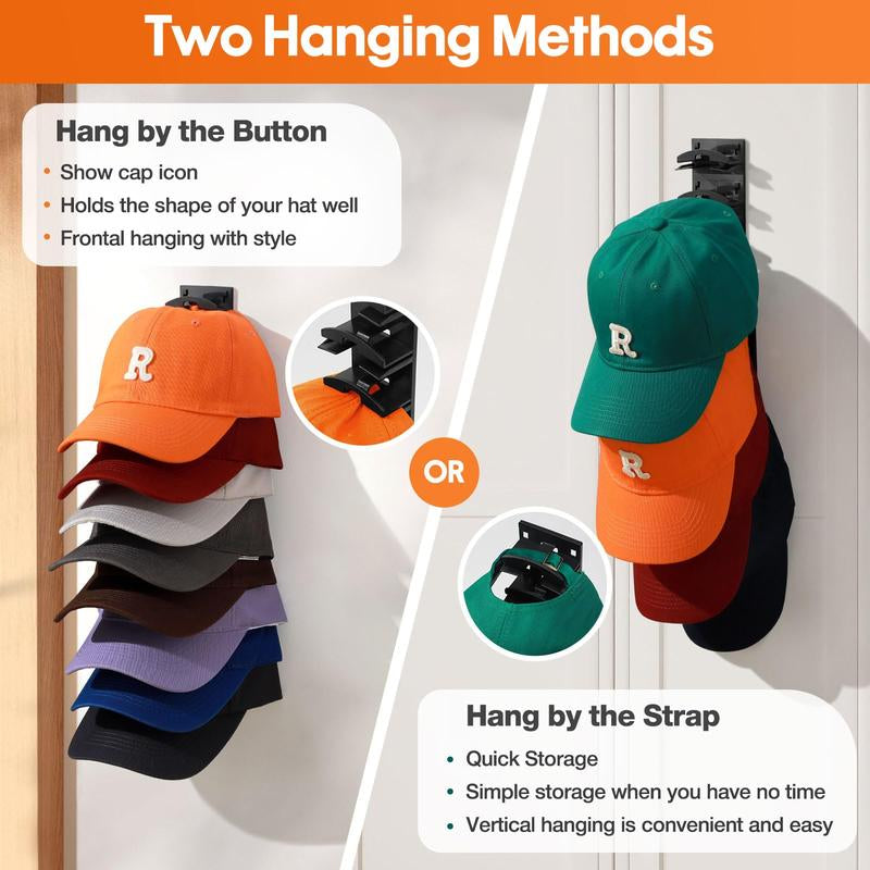 [Holiday Haul] Hat Organizer for Baseball Caps 2Pack, Hat Rack for Wall with Strong Adhesive Hold up to 16 Hats, Hat Hanger Holder Display for Door Closet, Cap Organizer Storage Multilayer Two Mounting