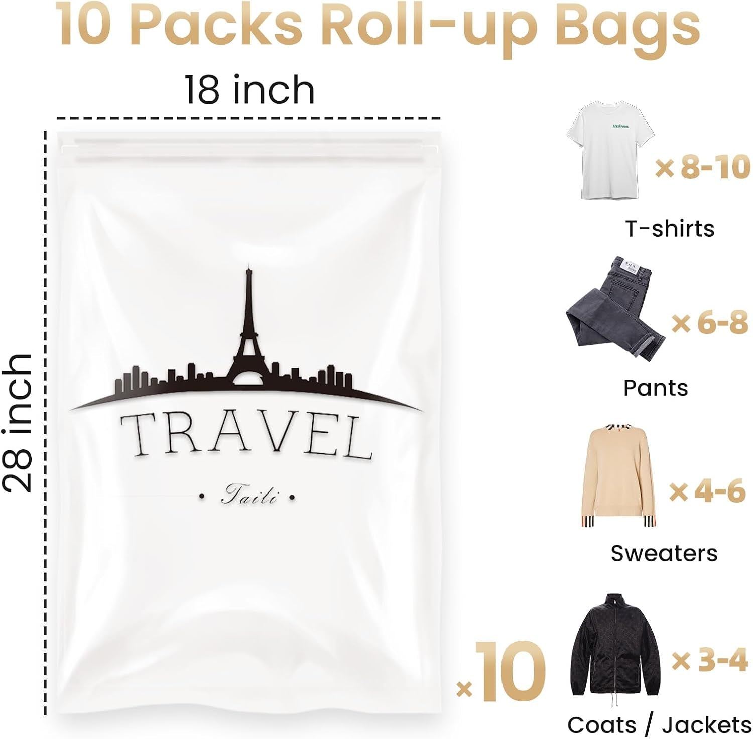 Small Vacuum Bags for Clothes Travel Vacuum Storage Bags 10Pack (40 X 60CM) Reusable Vacuum Storage Bags for Clothes Saves 80% of Storage Space Saver Bags for Clothes, Bedding, Moving