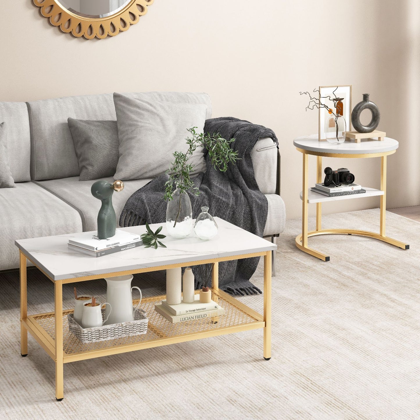 Set of 2 Nesting Coffee Table with Extra Storage Shelf