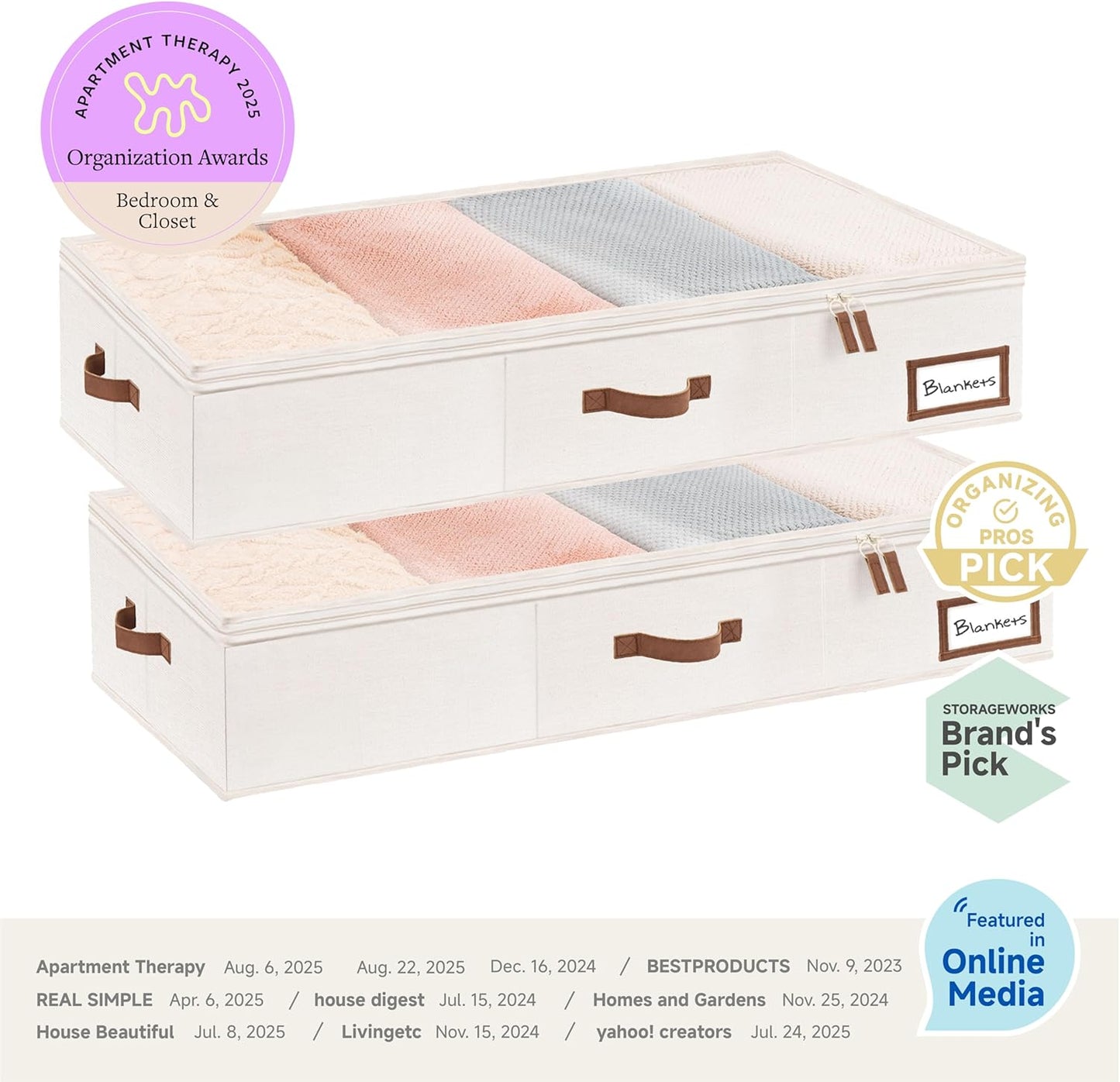 Underbed Storage Boxes with Lids, Large under Bed Storage Box Containers for Bedroom Accessories Organising Clothes Bedding, Rigid under Bed Organisers Ultra Thick, Ivory White, 2-Pack