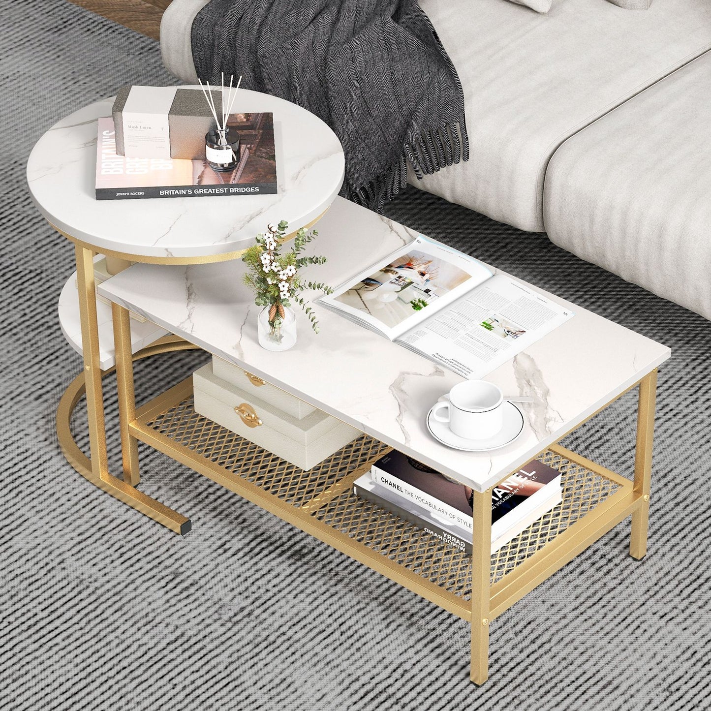 Set of 2 Nesting Coffee Table with Extra Storage Shelf