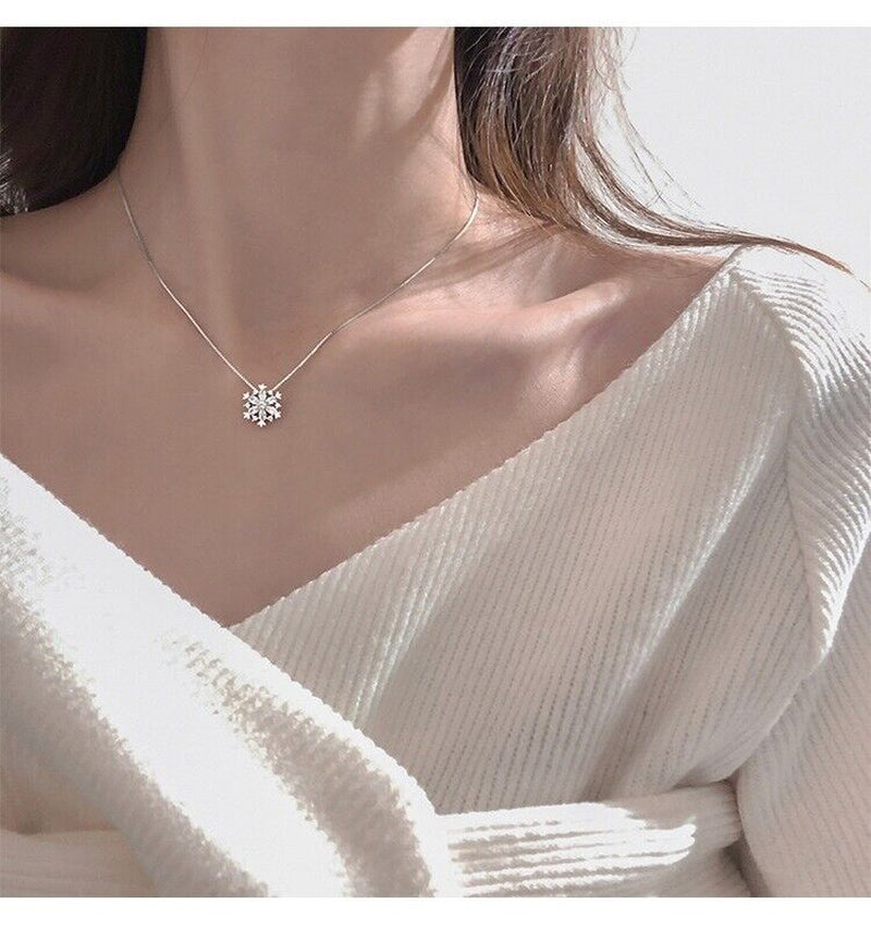 Crystal Snowflake Pendant Necklace 925 Sterling Silver Women Girls Jewellery UK