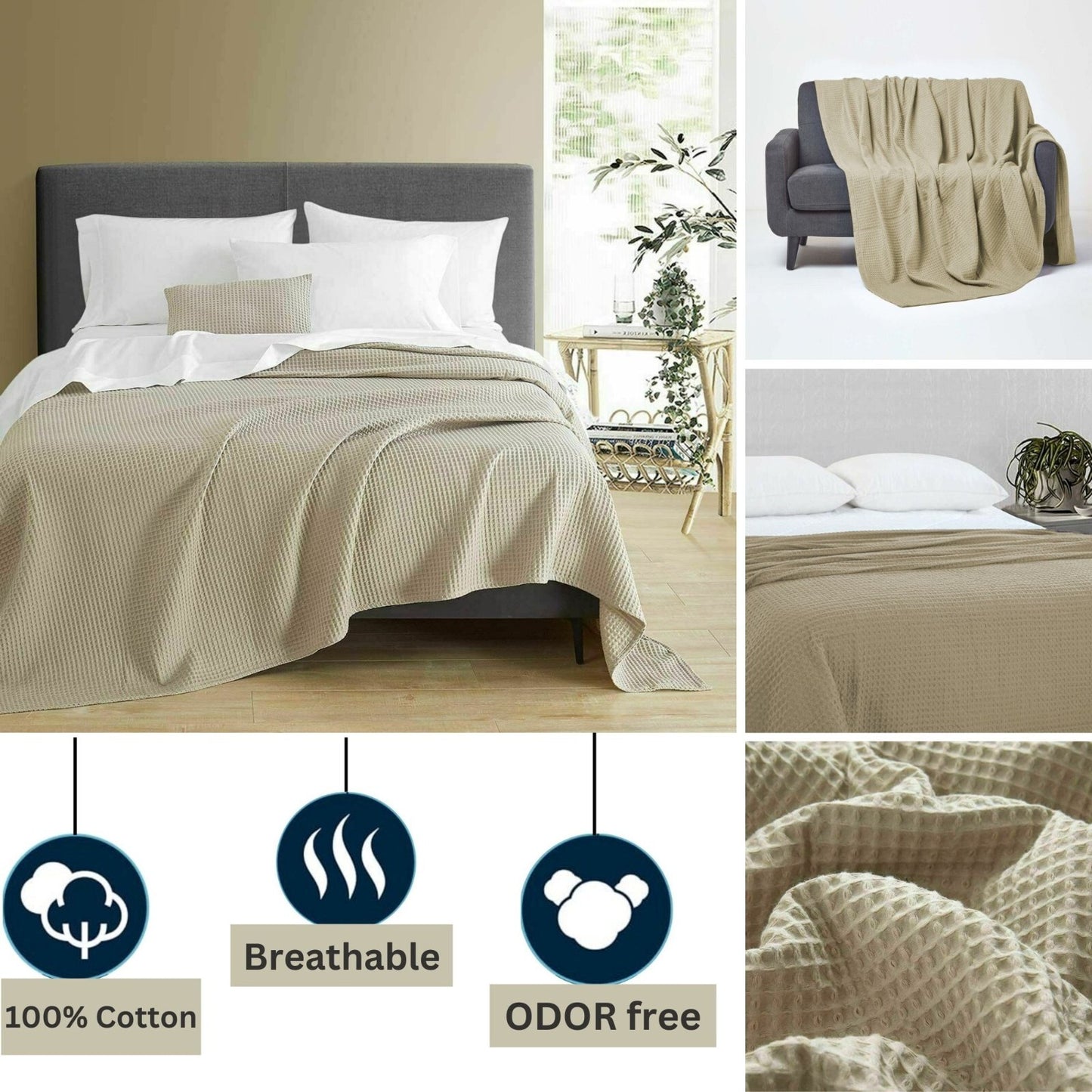 100 PURE COTTON Honeycomb Waffle Throw Snug Warm Sofa Bed Throw Large Pillowcase