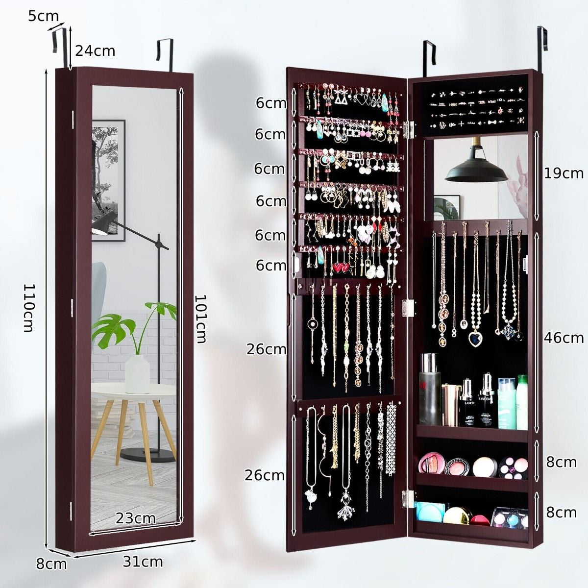 Wall Mounted Jewellery Armoire with Built-In Mirror and 3 Shelves