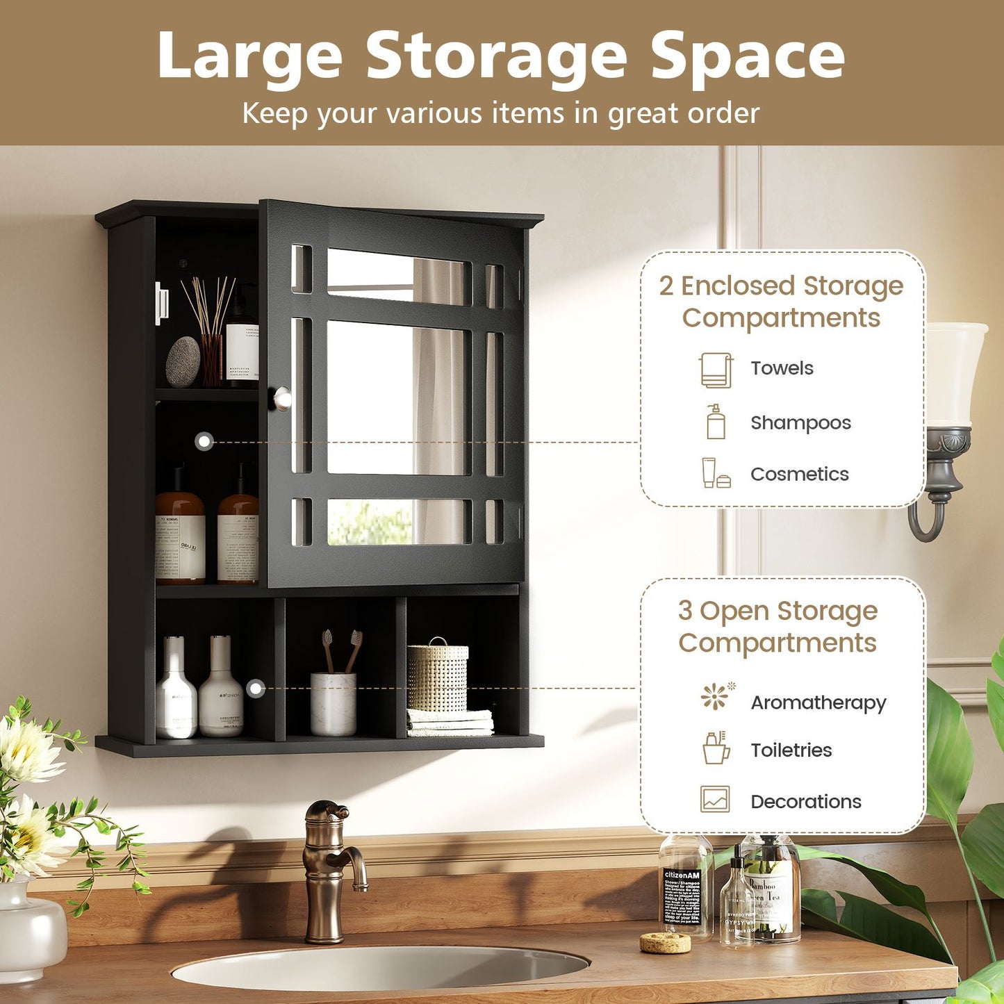 Mirror Door Cabinet with Adjustable Shelf and 3 Compartments