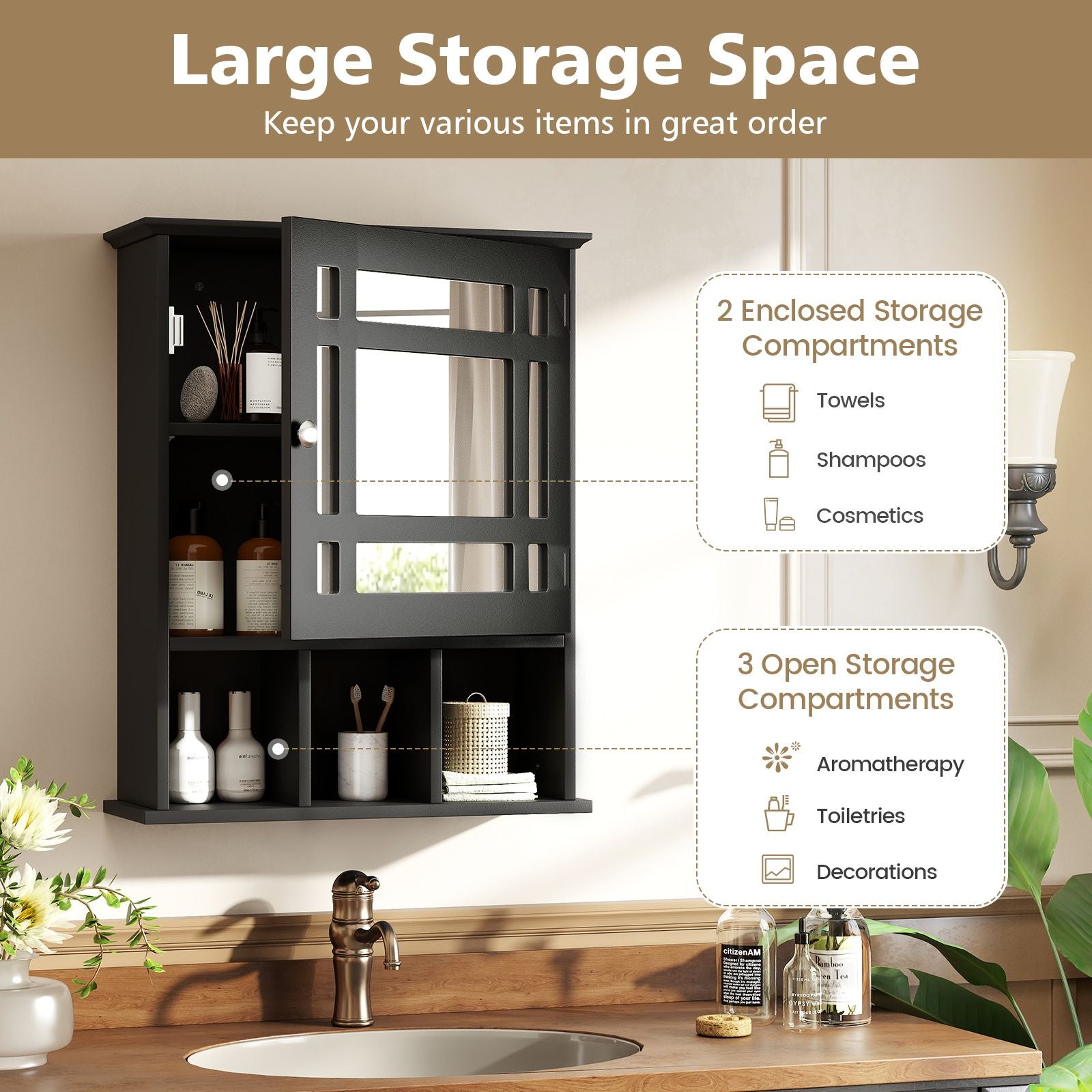 Mirror Door Cabinet with Adjustable Shelf and 3 Compartments