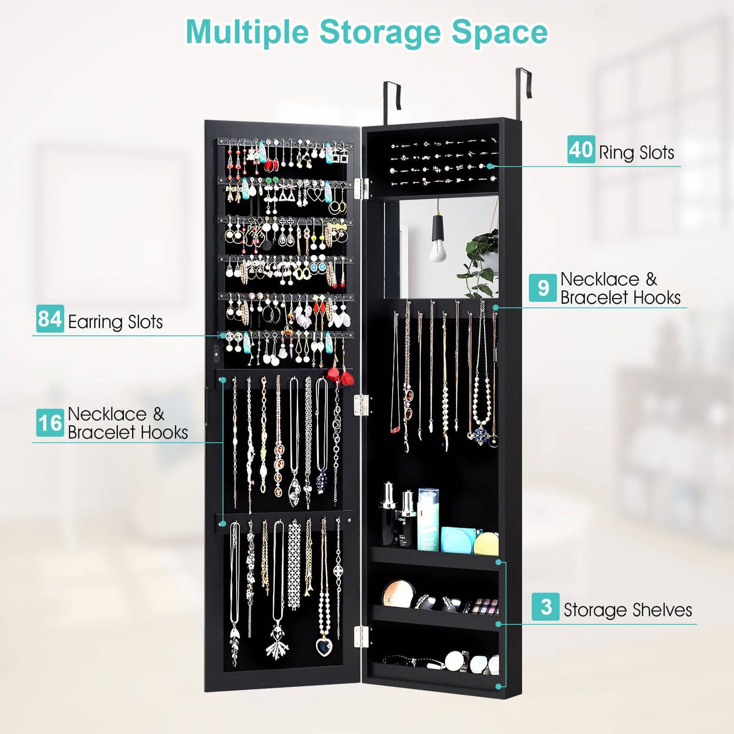 Wall Mounted Jewellery Armoire with Built-In Mirror and 3 Shelves