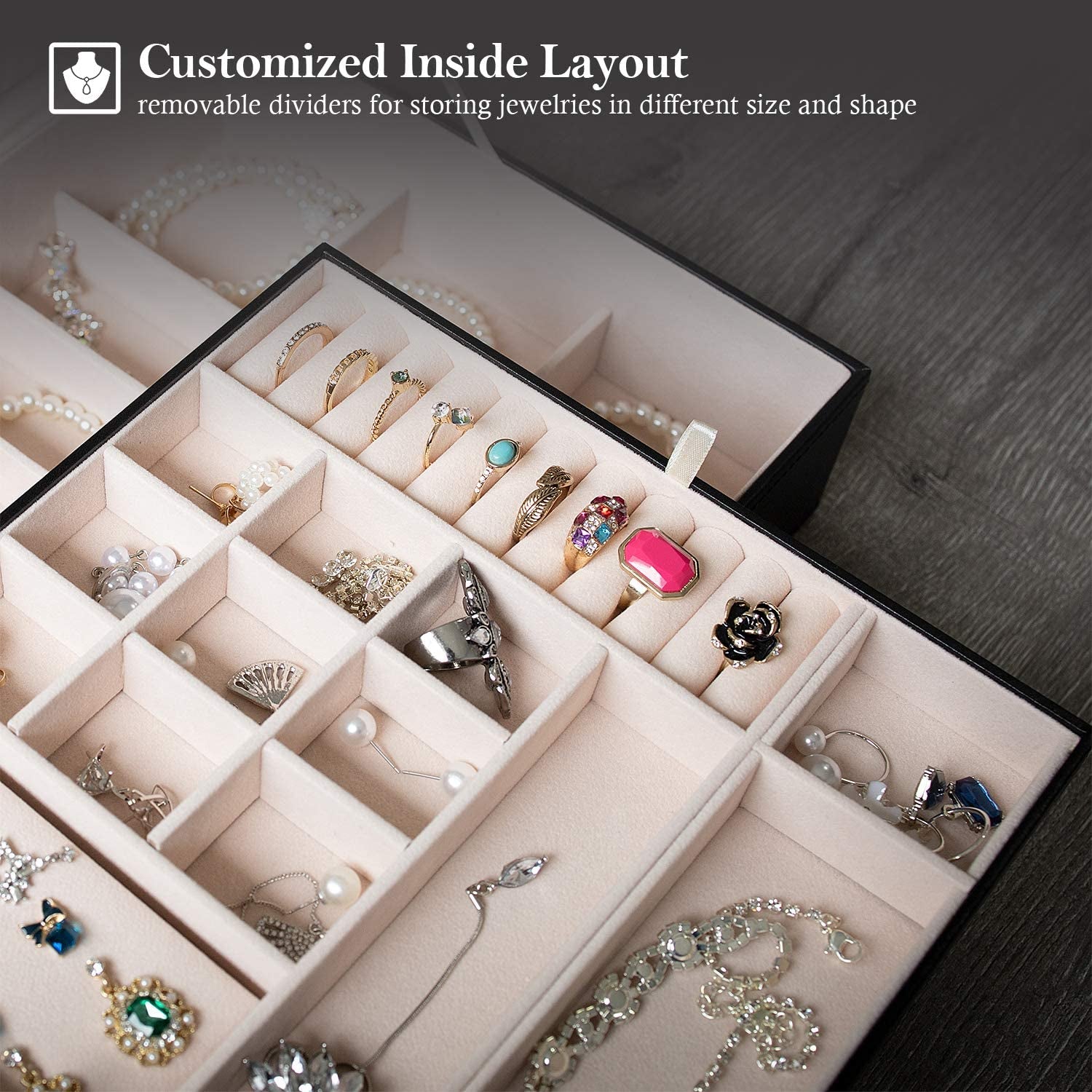 Jewellery Box Organiser, Large Jewellery Boxes with 2 Tiers, Gift Jewellery Storage Cases with Removable Divider for Earrings, Bracelets, Rings, Necklaces -Black