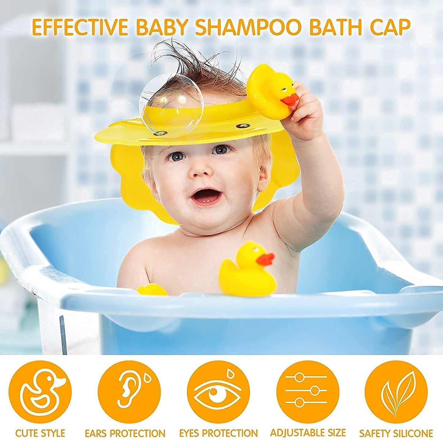 Children's Adjustable Shower Cap - Waterproof Shampoo Shield for Kids with Visor, Protects Eyes and Ears