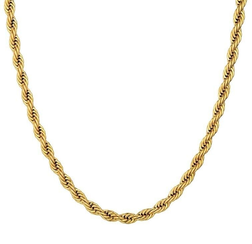 Long Chain Necklace 3MM 18Ct Gold Plated Stainless Steel 30” Inch Twisted Rope