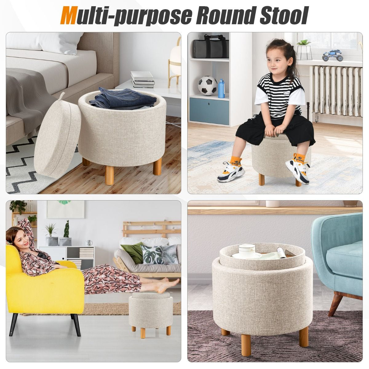 Modern round Padded Storage Ottoman with Hidden Storage Space