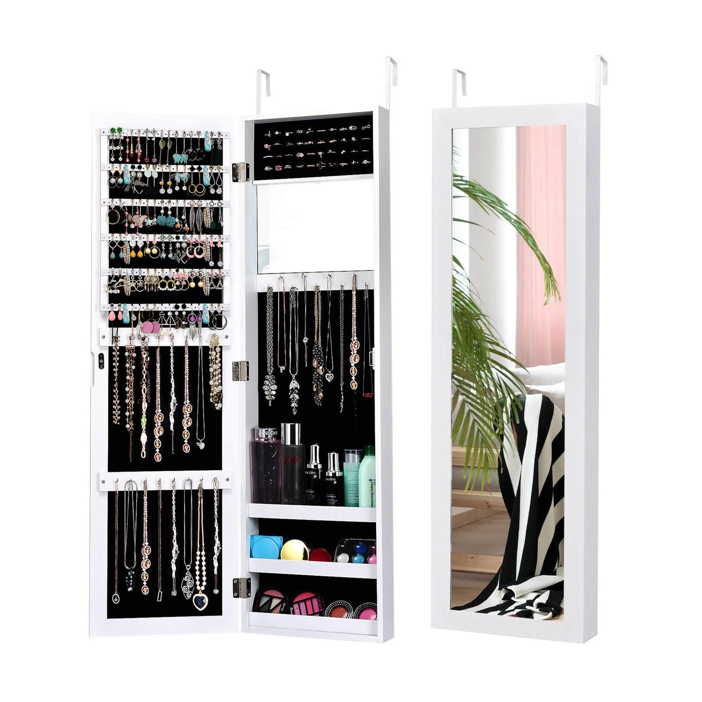Wall Mounted Jewellery Armoire with Built-In Mirror and 3 Shelves