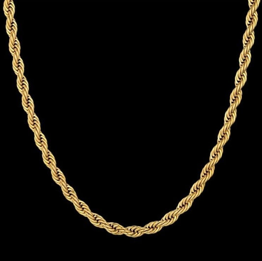Long Chain Necklace 3MM 18Ct Gold Plated Stainless Steel 30” Inch Twisted Rope