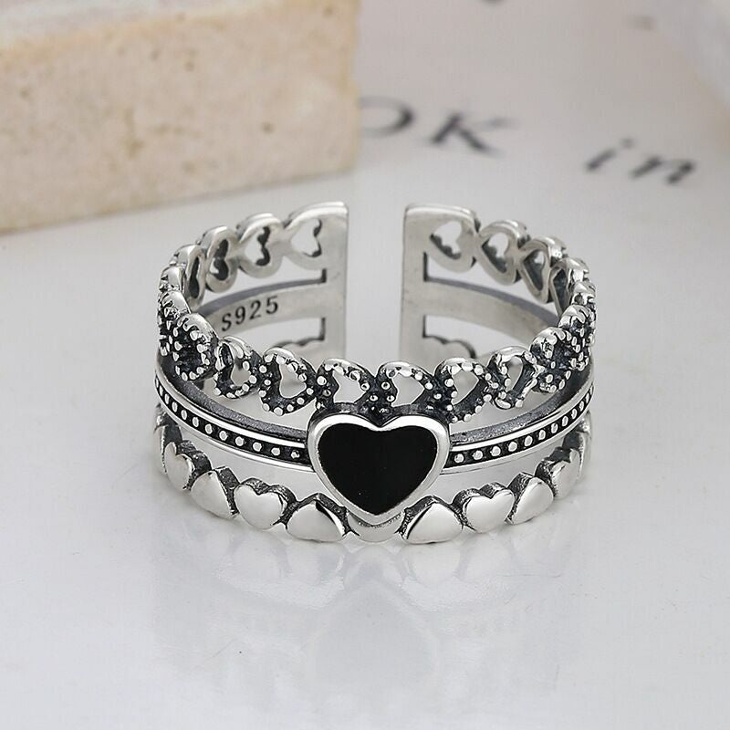 Vintage Heart Linked Adjustable Ring 925 Sterling Silver Women Jewellery
