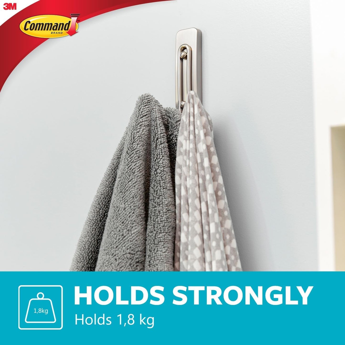 Bathroom Large Double Hook, Pack of 1 Hook and 2 Adhesive Strips, Metal - Damage Free Hanging - Holds up to 1.8 Kg, Satin Nickel