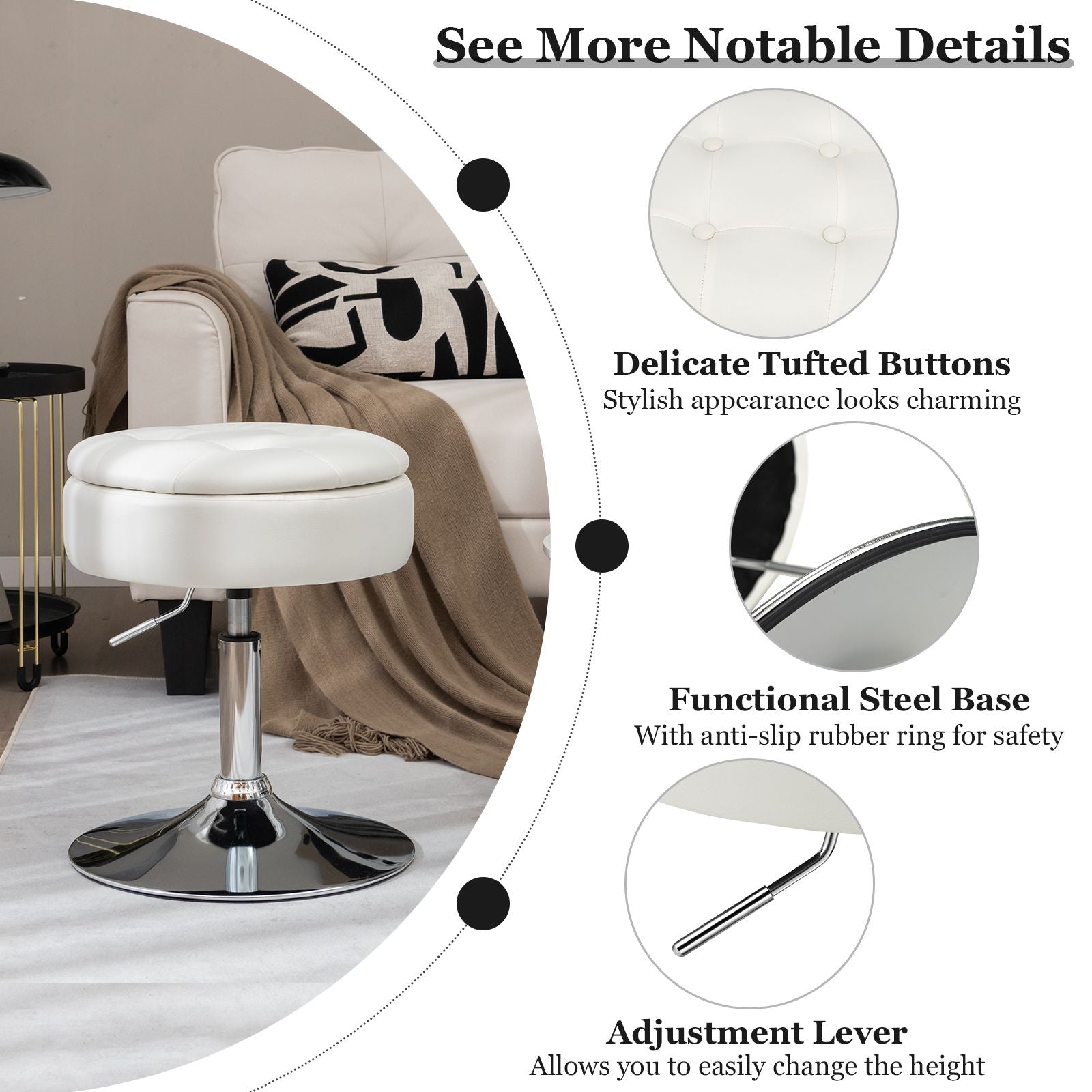 360° Swivel Vanity Stool with Removable Tray Lid