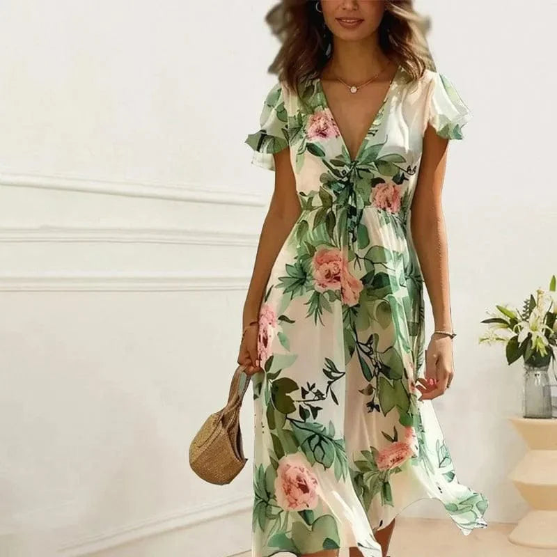 Josefa - Green Floral Midi Floral Dress in Green