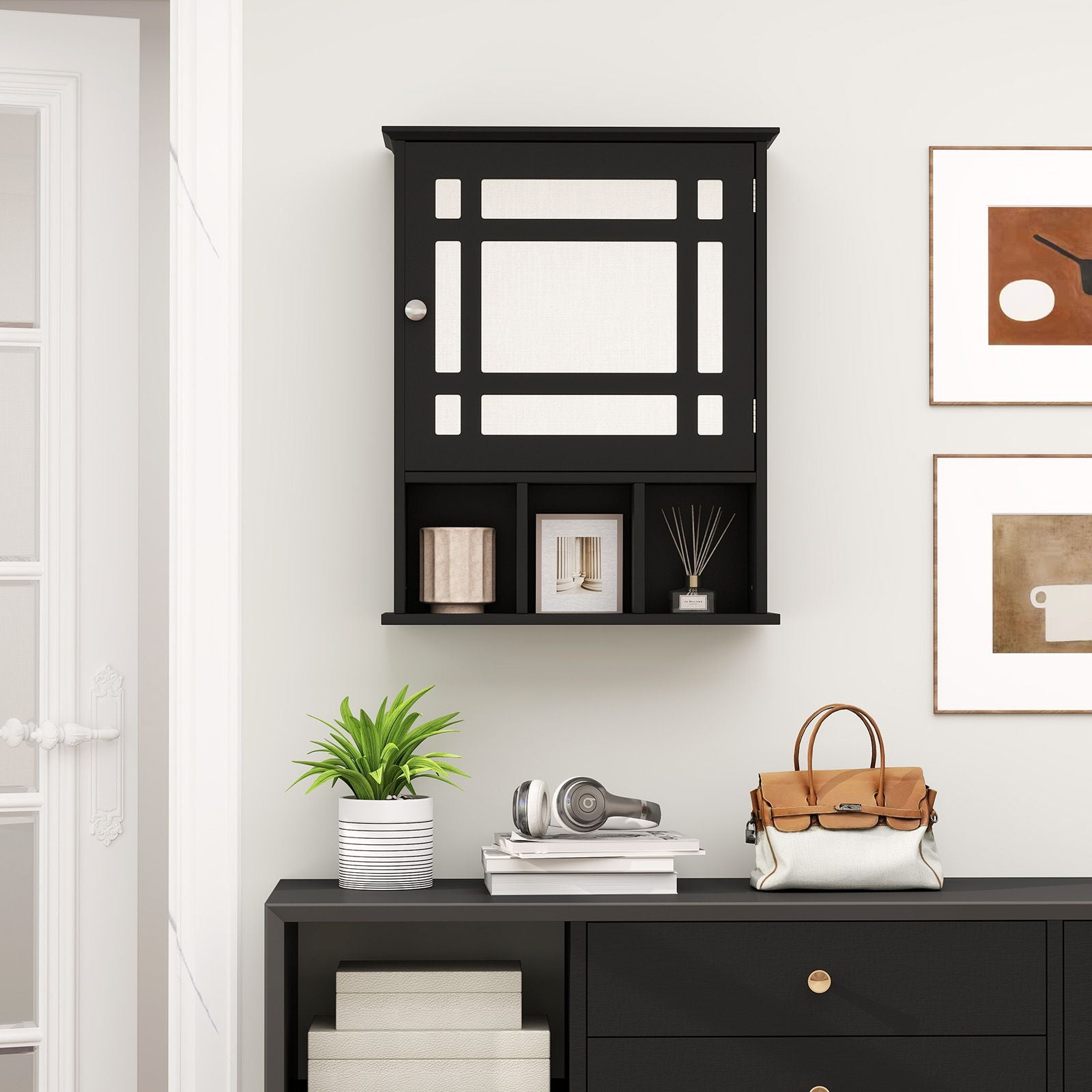 Mirror Door Cabinet with Adjustable Shelf and 3 Compartments