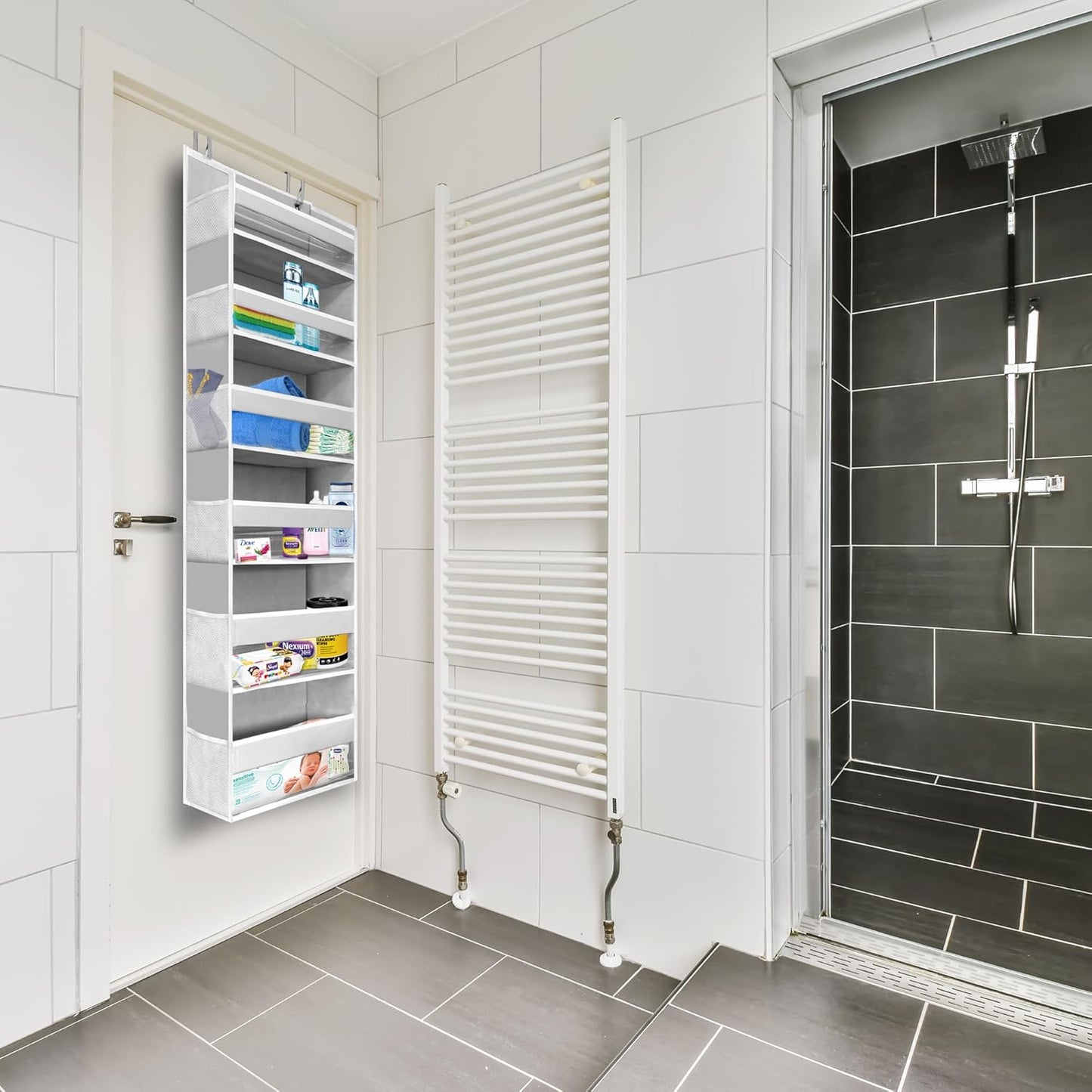 1 PC Heavy Duty over the Door Organizer 55X14X6.7, 6 Large Front & 12 Side Pockets, Hanging Storage Closet Door Organizer for Bedroom, Bathroom and Baby Nursery Storage (Ivory)