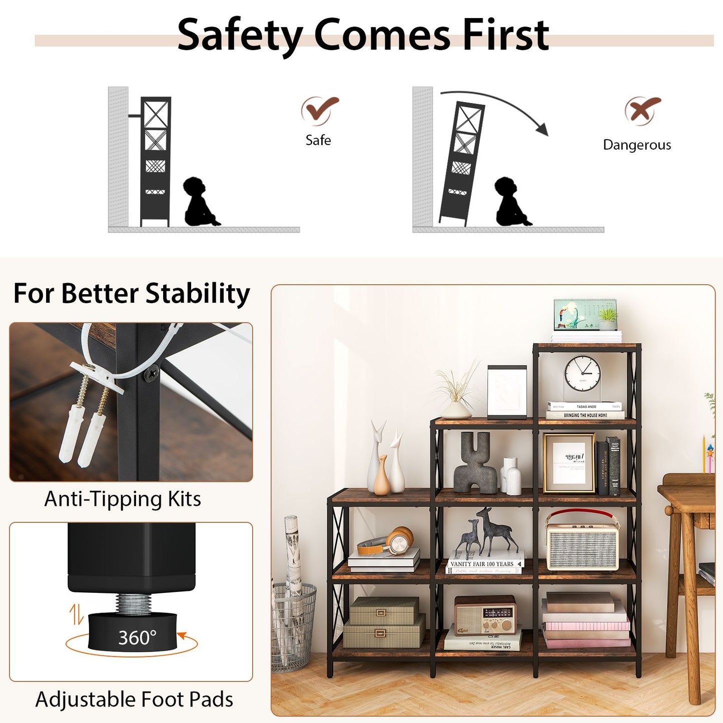 5-Tier Bookshelf 9 Cubes Bookcase with Carbon Steel Frame