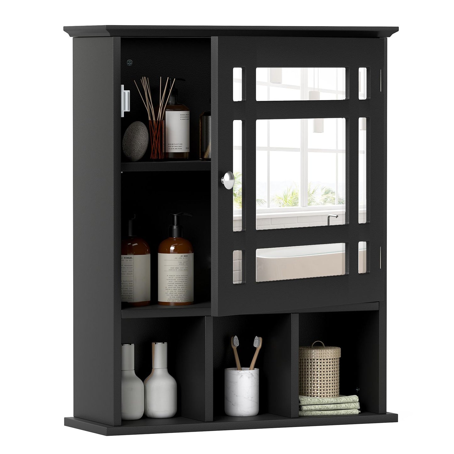 Mirror Door Cabinet with Adjustable Shelf and 3 Compartments