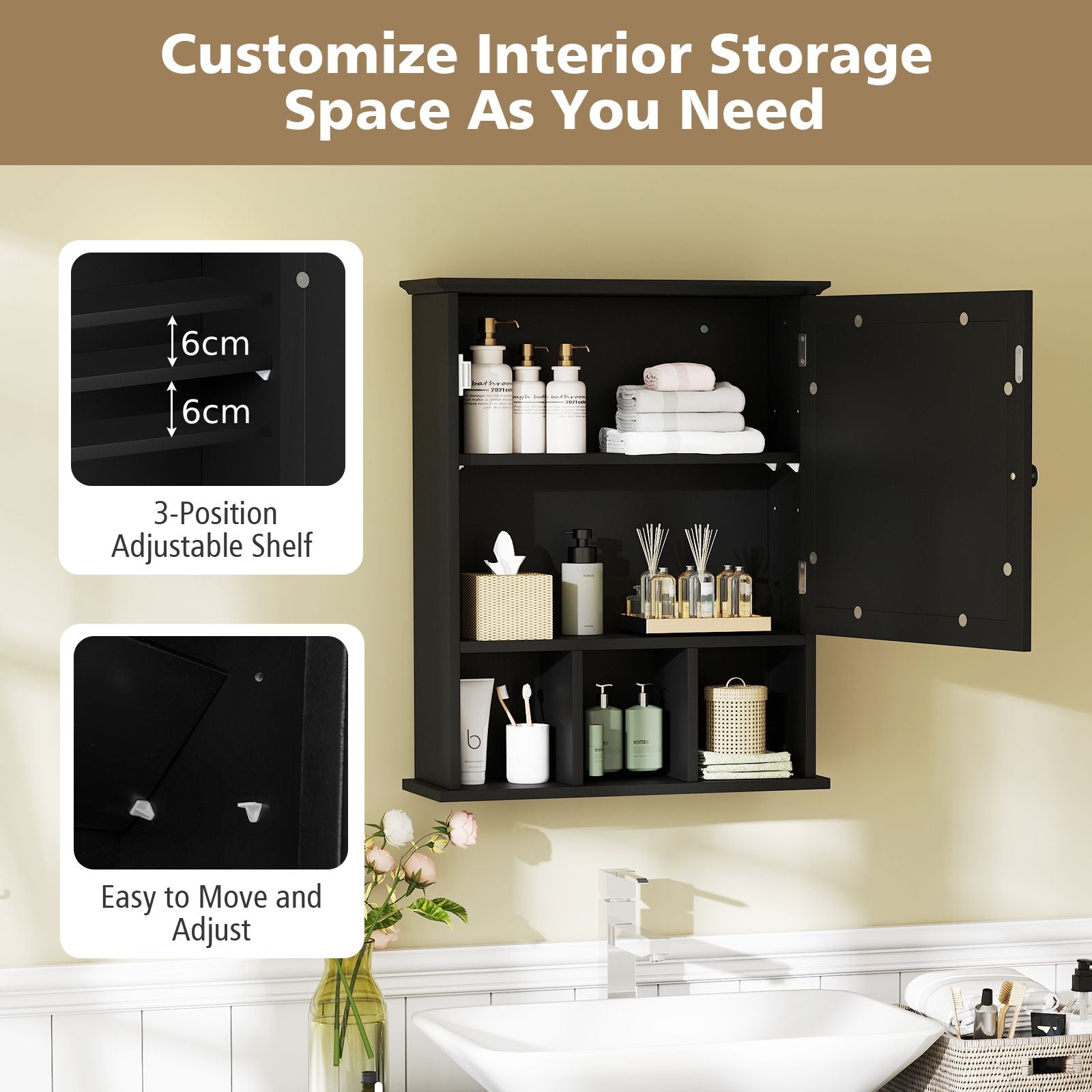 Mirror Door Cabinet with Adjustable Shelf and 3 Compartments