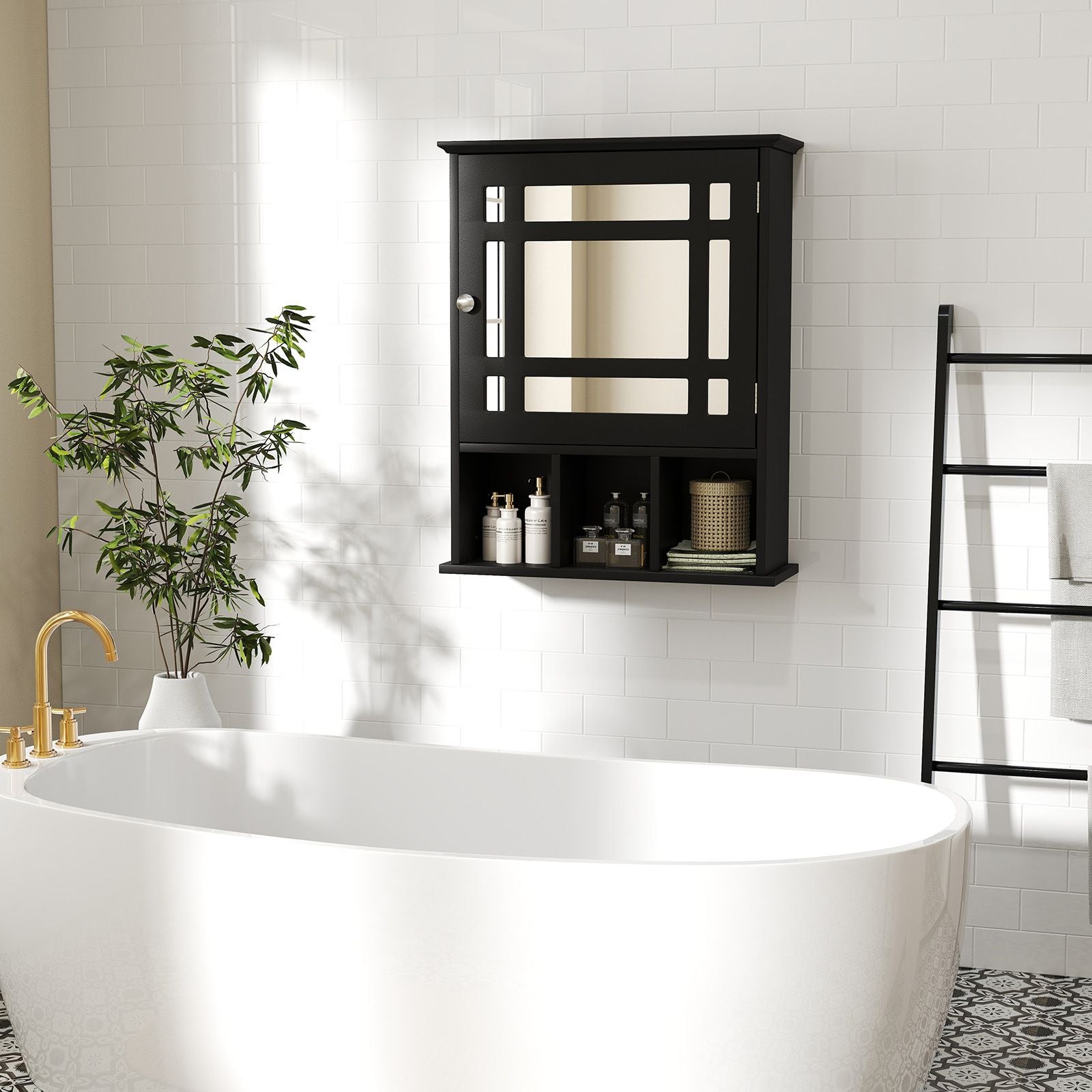 Mirror Door Cabinet with Adjustable Shelf and 3 Compartments