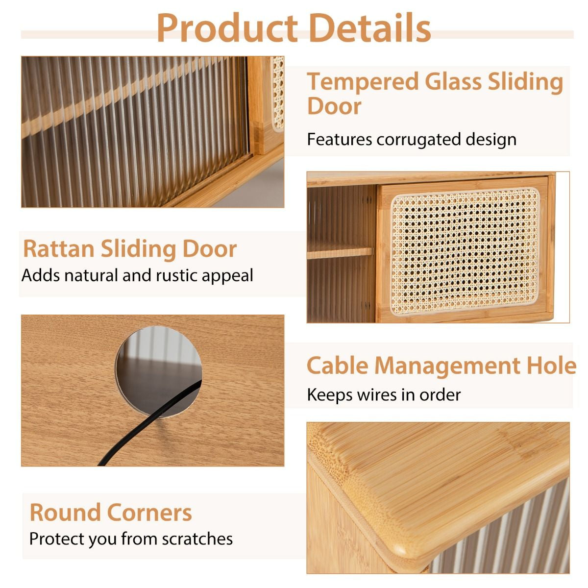 Bamboo Entertainment Center with Rattan and Tempered Glass Sliding Doors