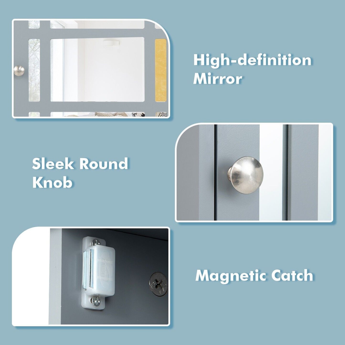 Mirror Door Cabinet with Adjustable Shelf and 3 Compartments