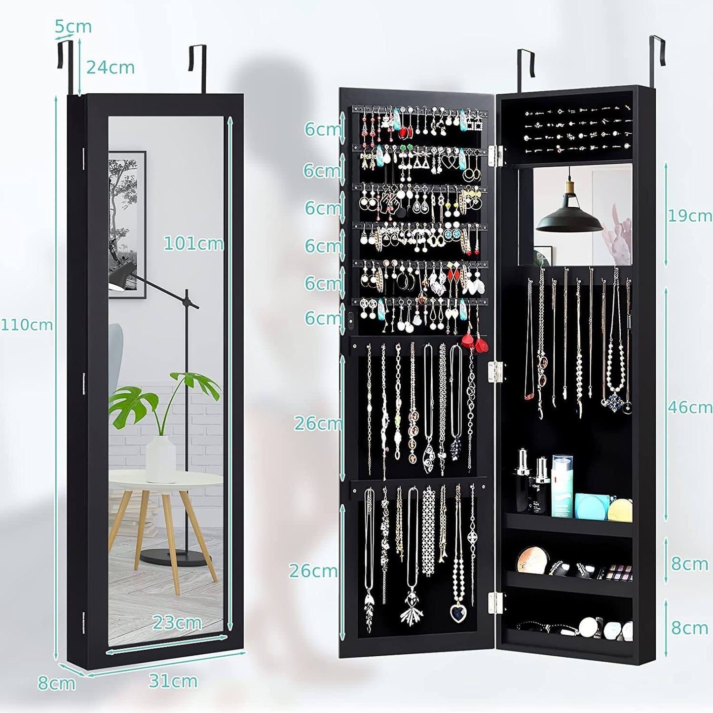Wall Mounted Jewellery Armoire with Built-In Mirror and 3 Shelves