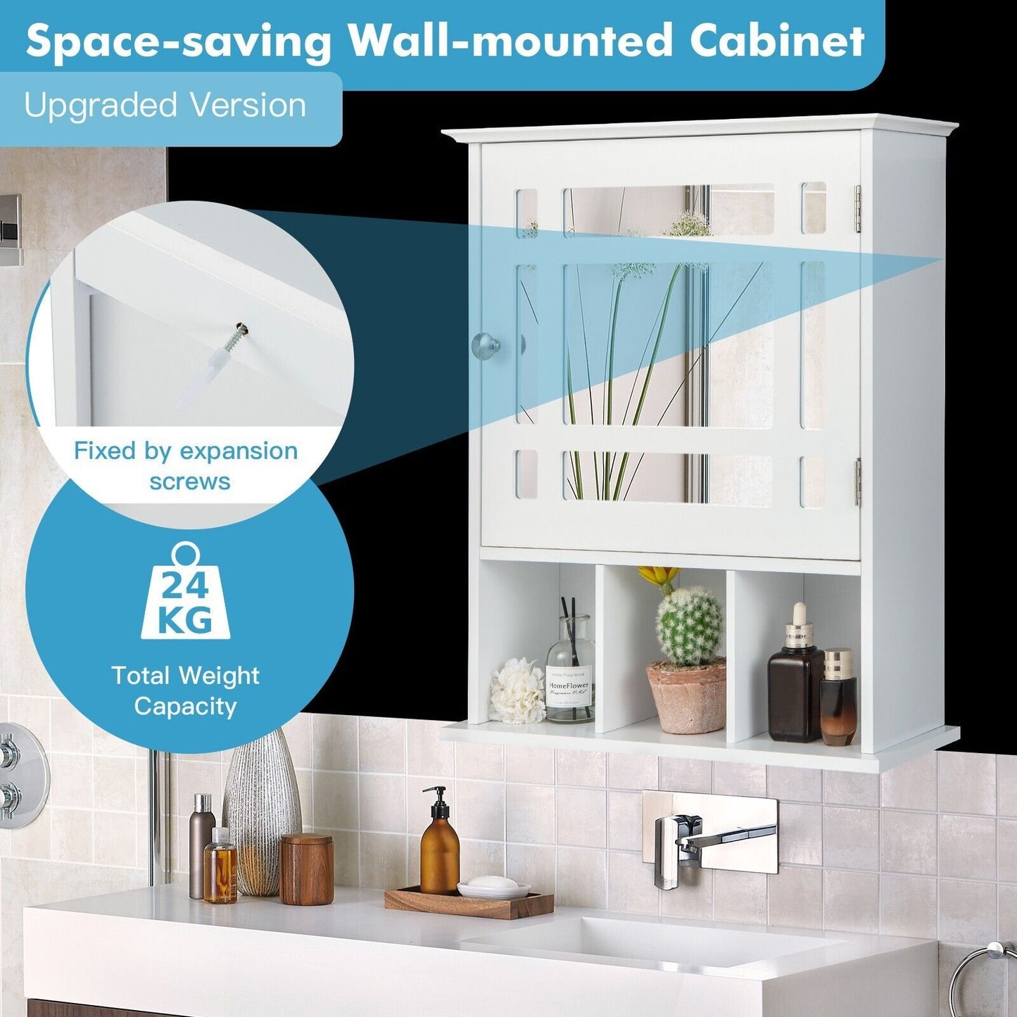 Mirror Door Cabinet with Adjustable Shelf and 3 Compartments