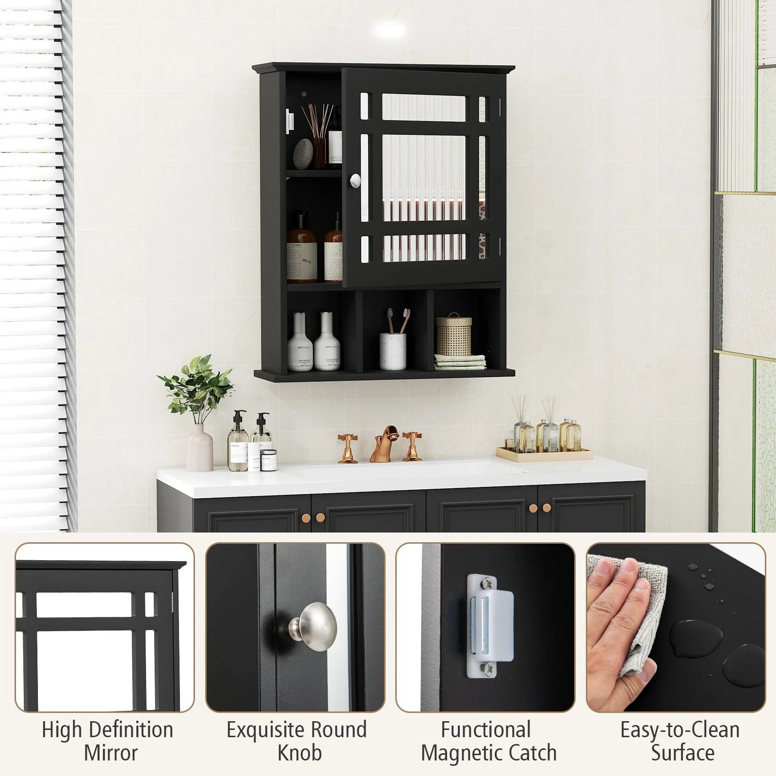 Mirror Door Cabinet with Adjustable Shelf and 3 Compartments