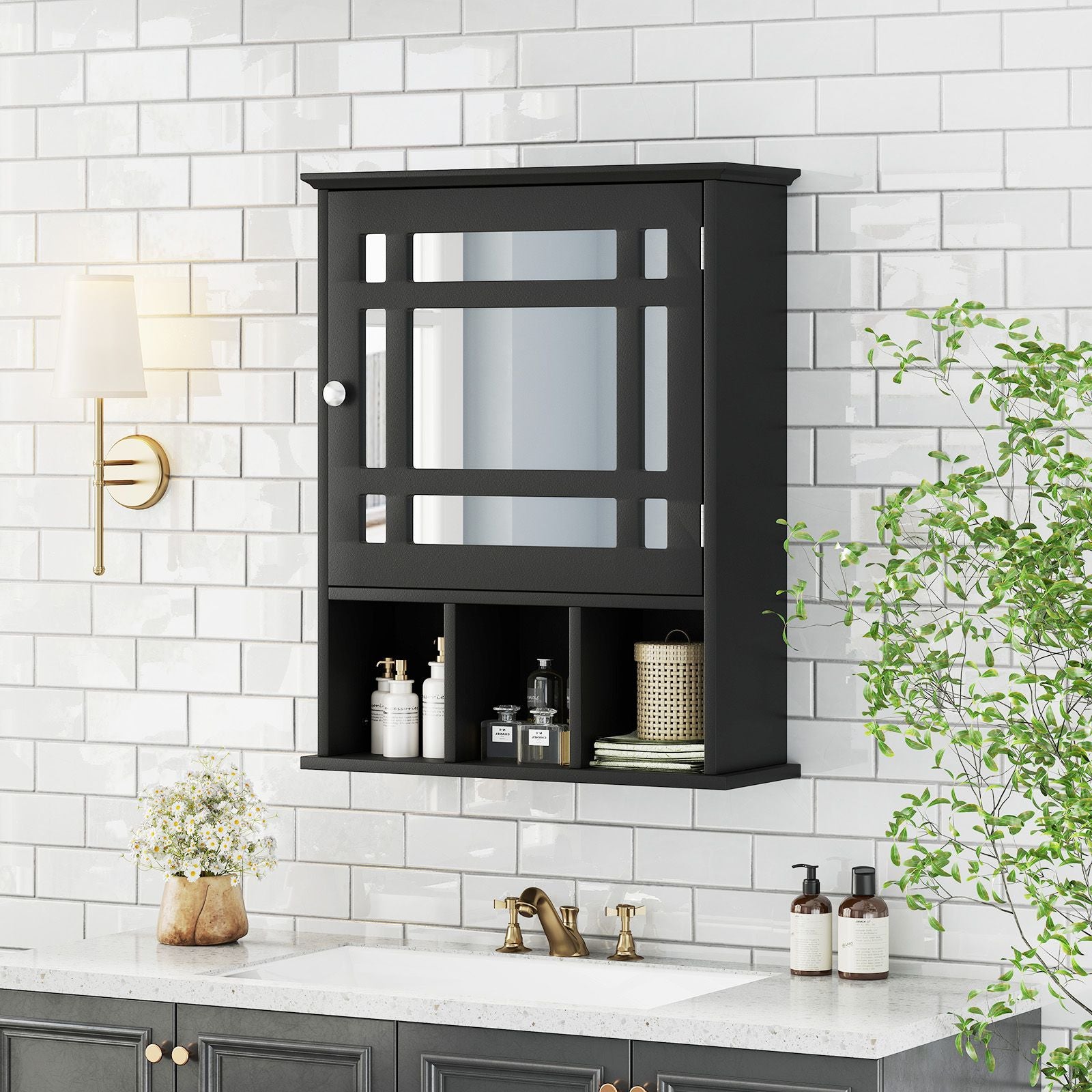Mirror Door Cabinet with Adjustable Shelf and 3 Compartments