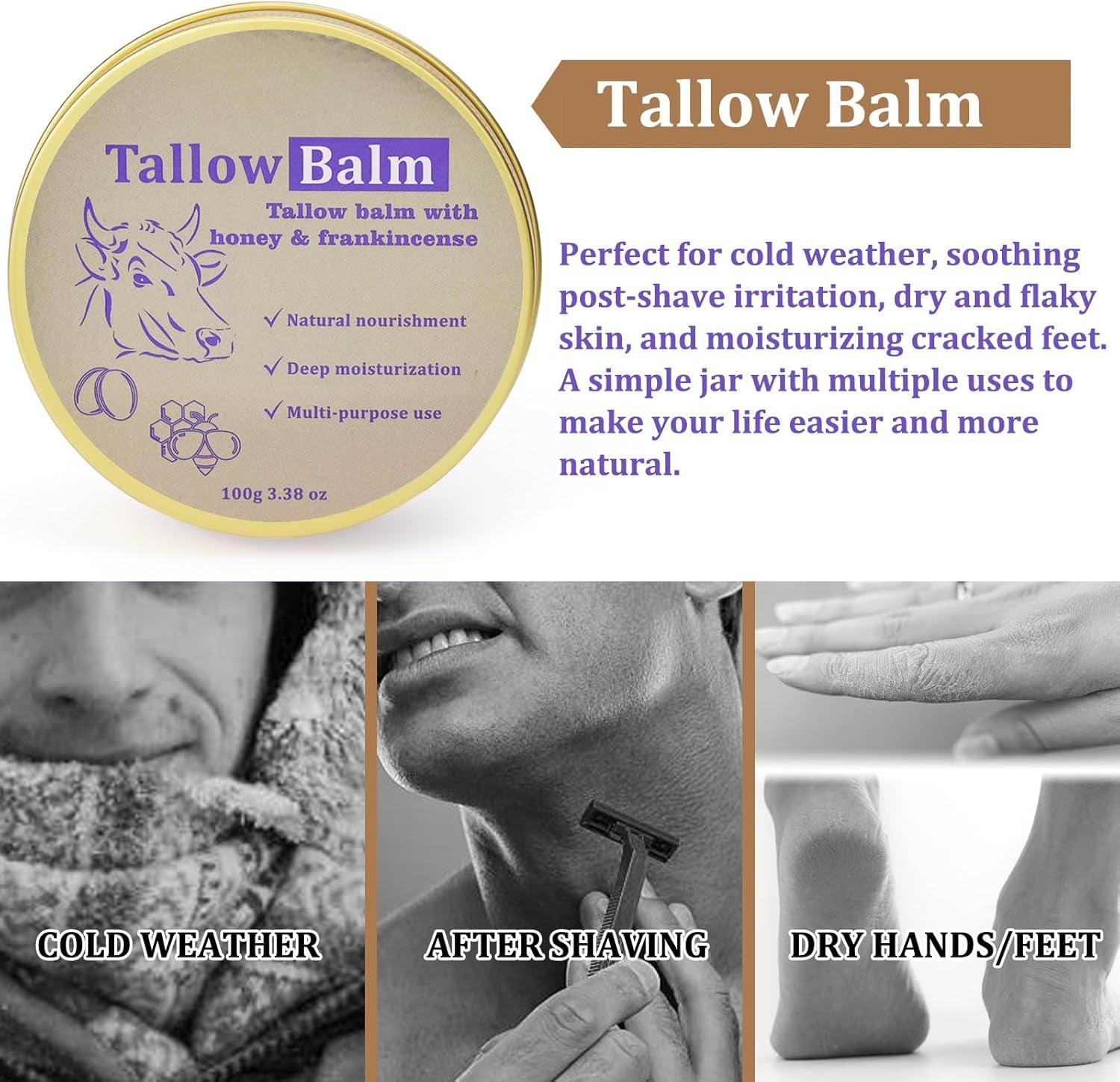 Tallow and Honey Balm with Frankineense - Beef Tallow Skin Care Balm for Dry Skin - Tallow Face Cream for Face and Body - Beef Tallow Moisturiser - Tallow Honey Balm for Soothing, Moisturizing