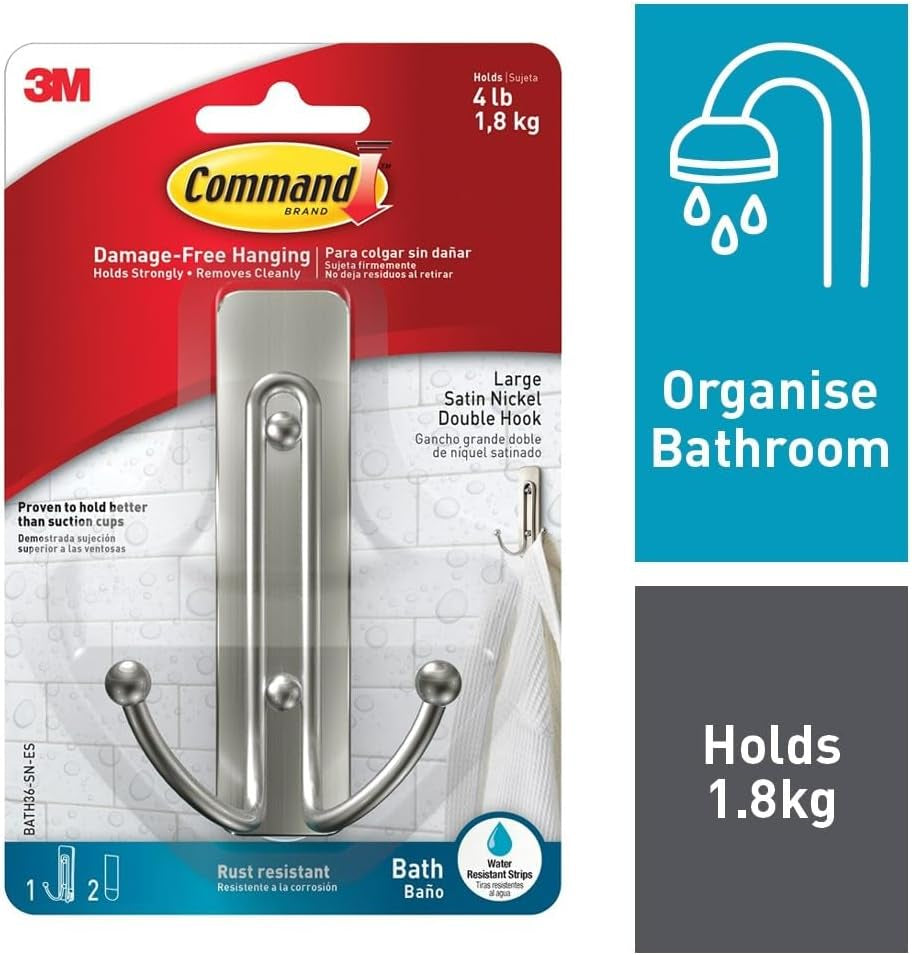 Bathroom Large Double Hook, Pack of 1 Hook and 2 Adhesive Strips, Metal - Damage Free Hanging - Holds up to 1.8 Kg, Satin Nickel